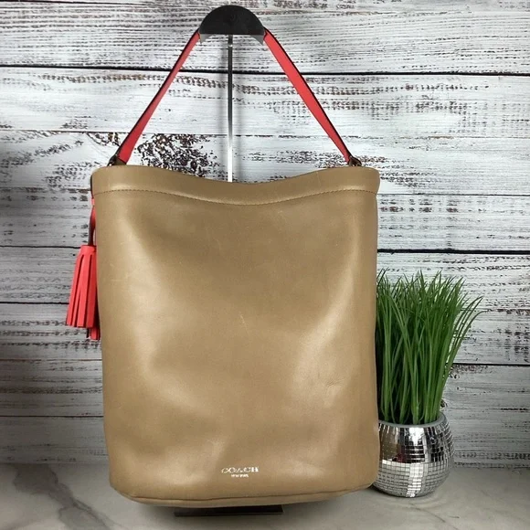 Coach Legacy Archive Rare Tan Coral Pink‎ Leather Hand Shoulder Bag Bucket Purse - Picture 7 of 9
